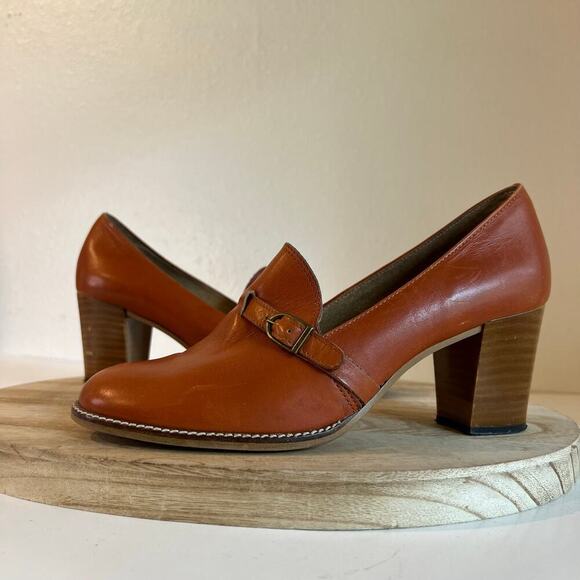 Vintage Dei Colli Made in Italy Tan Genuine Leather Buckle Stacked Heel Shoe 41 - Picture 2 of 15